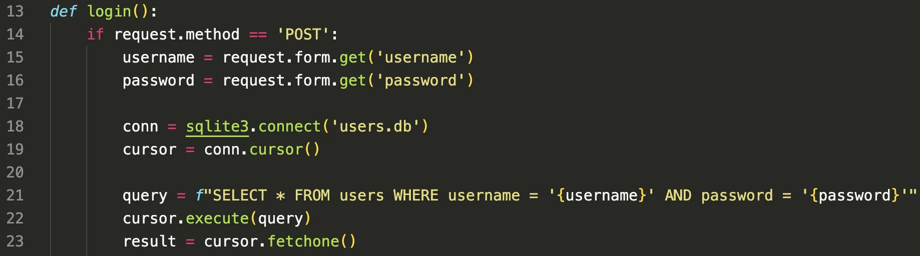Trecho de código Python/Flask vulnerável a SQL Injection: a query monta a string SQL diretamente com f-string, concatenando username e password sem parametrização