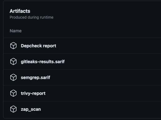 Lista de artefatos gerados pelo pipeline: Depcheck report, gitleaks-results.sarif, semgrep.sarif, trivy-report e zap_scan