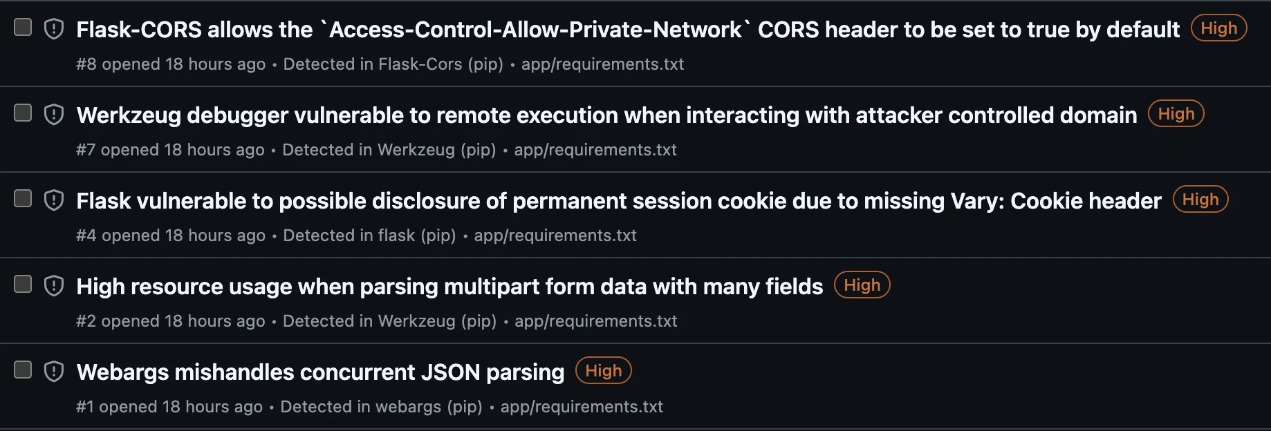 Lista de vulnerability alerts do Dependabot, todas classificadas como High: Flask-CORS, Werkzeug, Flask e Webargs
