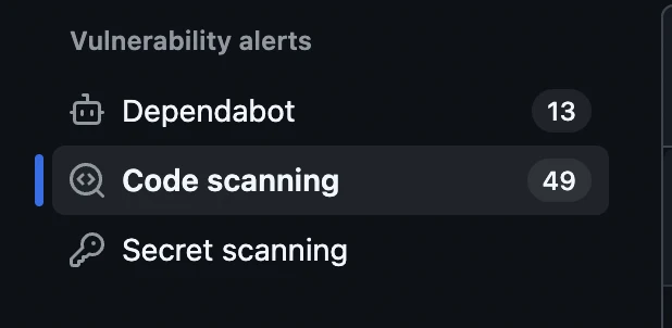 Aba Security do GitHub mostrando alertas de vulnerabilidade: 13 do Dependabot e 49 do Code scanning